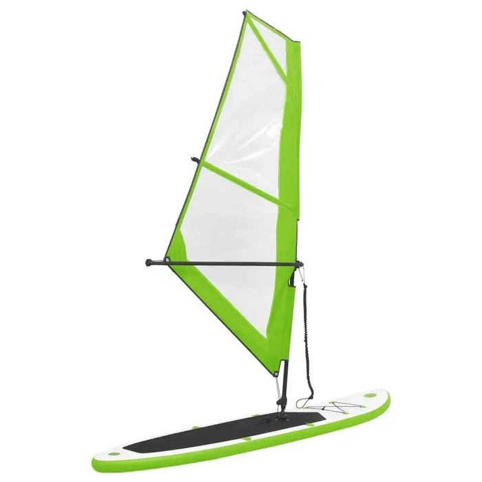Inflatable green SUP board with sail, PVC and EVA construction, on white background.