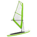 Inflatable green SUP board with sail, PVC and EVA construction, on white background.