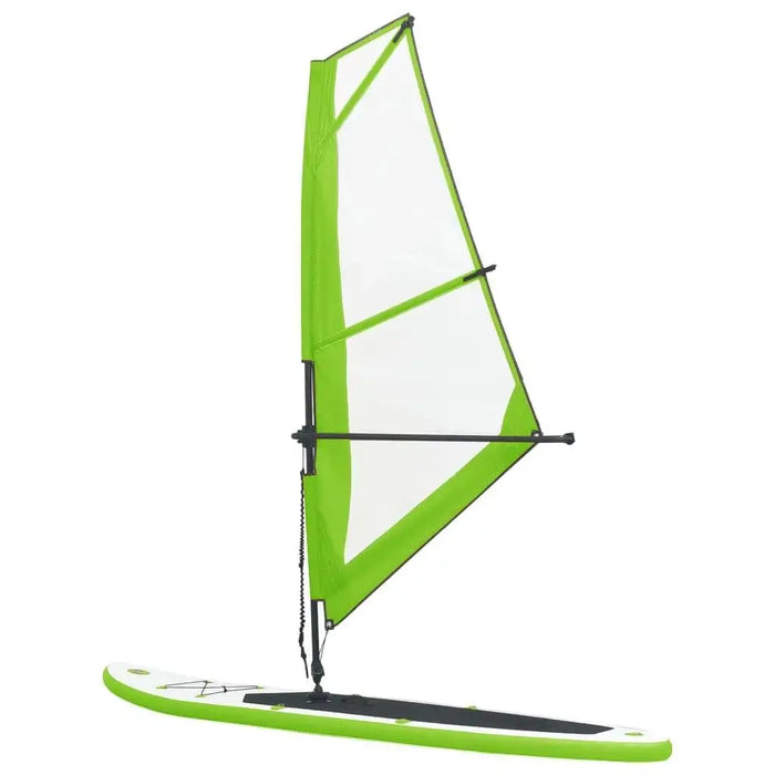 Inflatable green SUP board with sail, PVC and EVA construction, isolated on white background