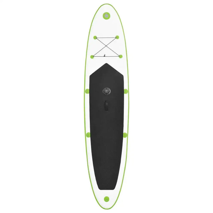 Inflatable green SUP board with black deck pad and front bungee cord storage.