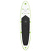 Inflatable green SUP board with black deck pad and front bungee cord storage.