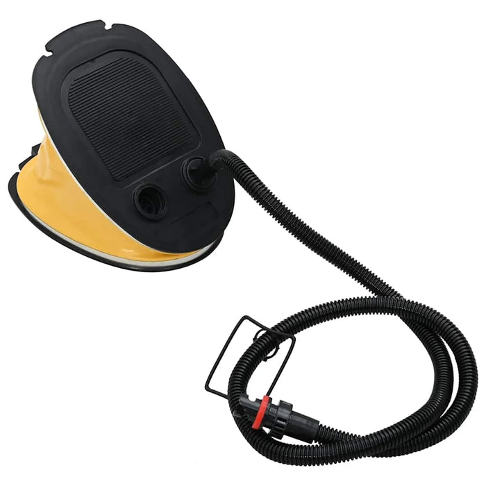 Yellow and black foot pump with corrugated hose and air nozzle on white background