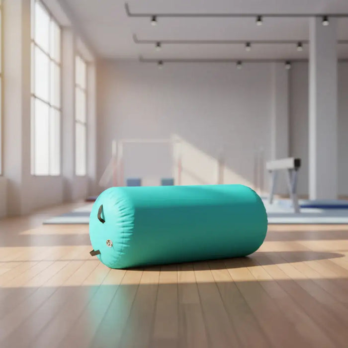 Teal cylindrical fitness roller on wooden gym floor with large windows and exercise equipment in background