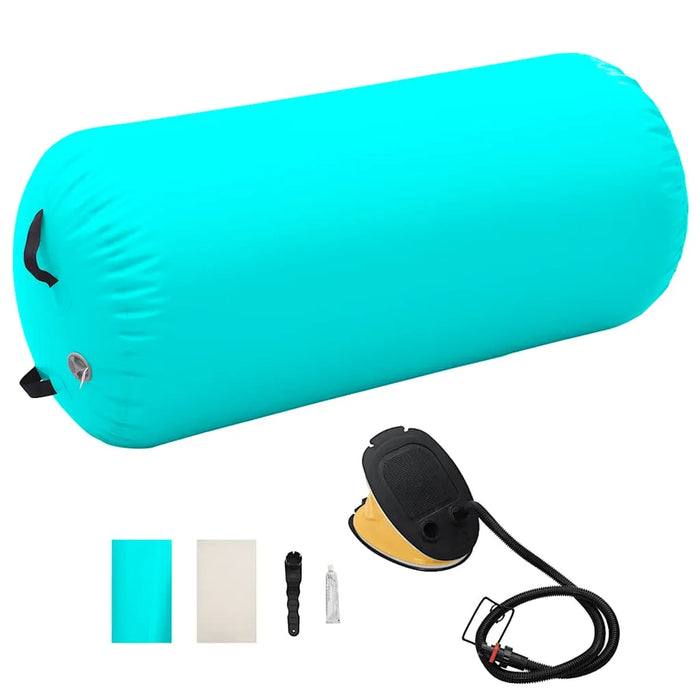 Inflatable turquoise float tube with foot pump, repair patch, strap, and glue kit