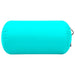 Bright turquoise cylindrical bolster pillow with smooth surface and black handle loop