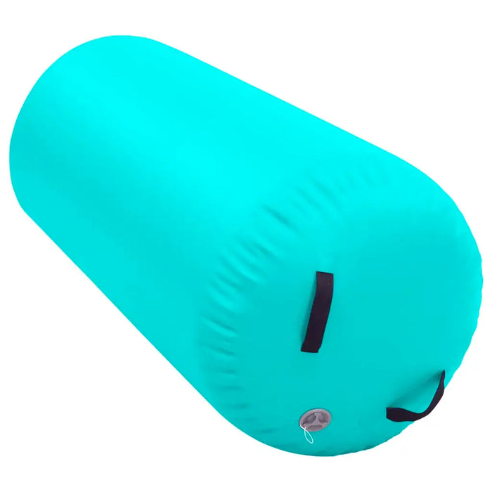Bright turquoise inflatable cylindrical pool float with black handles and valve