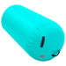 Bright turquoise inflatable cylindrical pool float with black handles and valve
