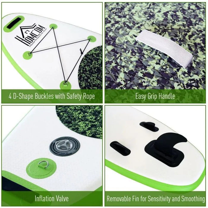 Homcom inflatable paddleboard details: safety rope, grip handle, inflation valve, removable fin.