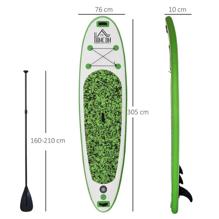 Homcom inflatable paddleboard 305cm green with adjustable paddle, pump, backpack, dimensions shown