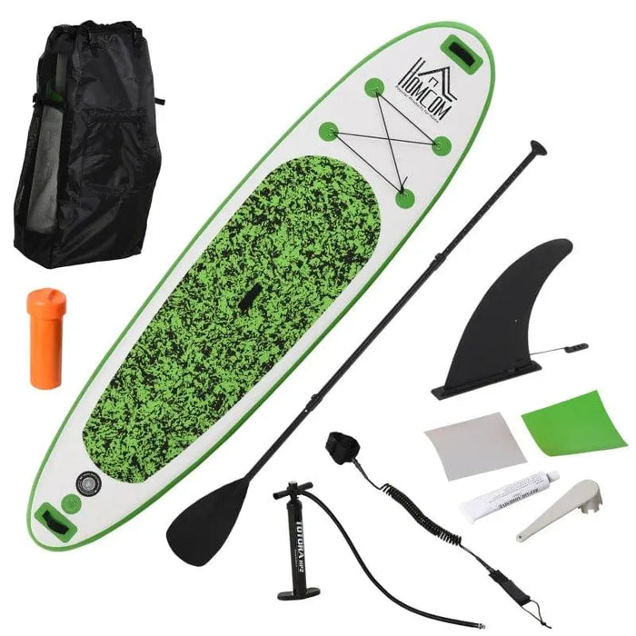 Inflatable paddleboard set with paddle, pump, backpack, fin and repair kit, green accents