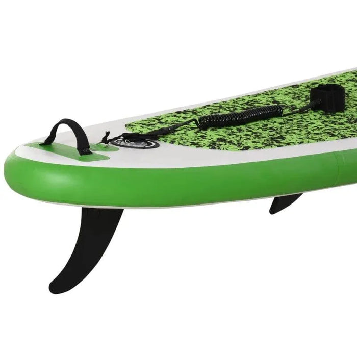 Green and white inflatable paddleboard with fin and handle, close-up view