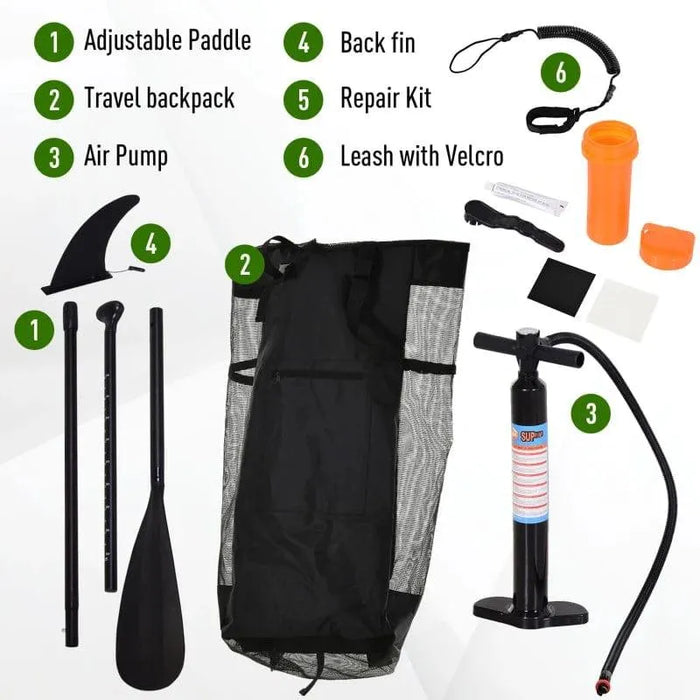 Inflatable paddleboard accessories set with adjustable paddle, backpack, air pump, back fin, repair kit, and leash with Velcro.