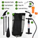 Inflatable paddleboard accessories set with adjustable paddle, backpack, air pump, back fin, repair kit, and leash with Velcro.