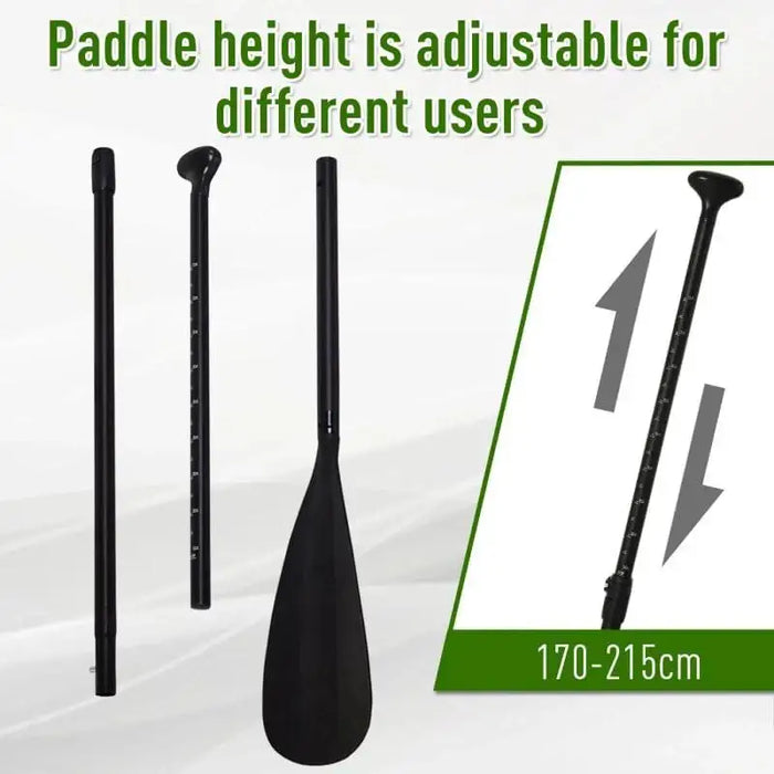 Adjustable black paddle for inflatable paddleboard, height range 170-215cm, on white background.