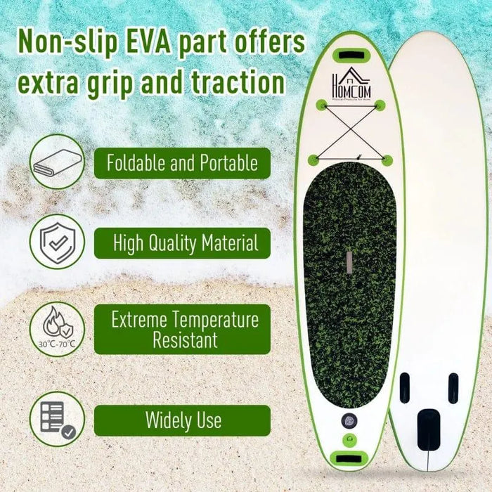 Inflatable paddleboard with non-slip EVA pad, Homcom branding, beach setting, key features listed.