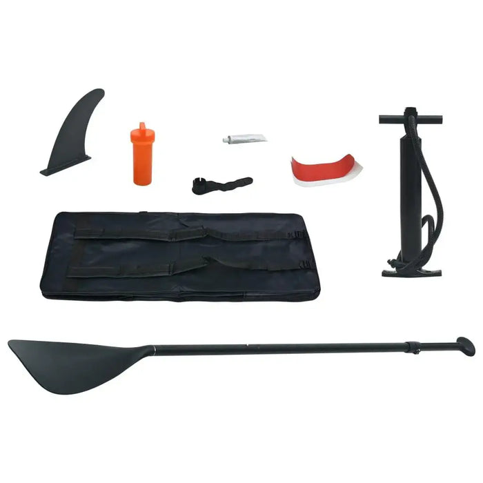 SUP board accessories kit with paddle, fin, pump, bag, and repair tools on white background
