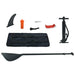 SUP board accessories kit with paddle, fin, pump, bag, and repair tools on white background