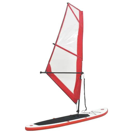 Inflatable red SUP board with clear sail, PVC and EVA construction on white background