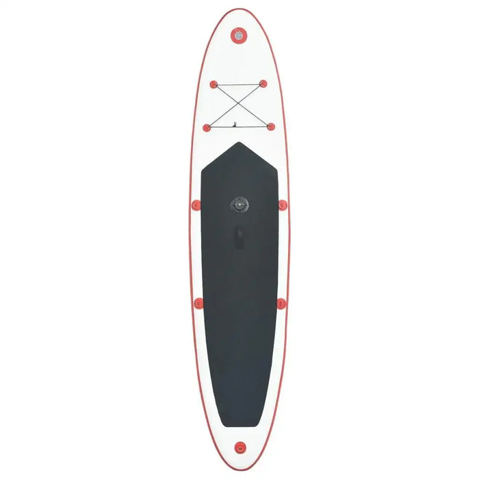 Inflatable red stand up paddle board with black deck pad and front bungee cords