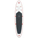 Inflatable red stand up paddle board with black deck pad and front bungee cords
