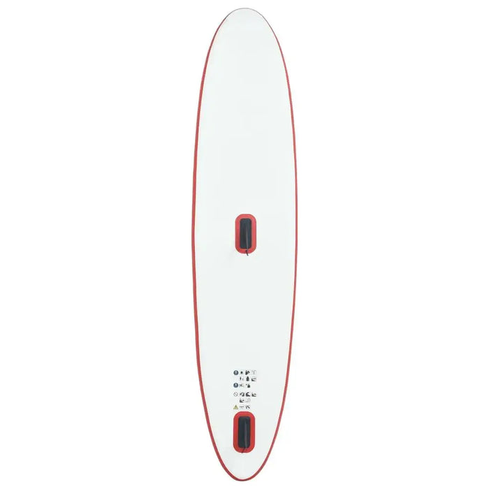 Inflatable red SUP board 330cm with PVC EVA construction, top view, white deck, red edge.