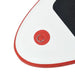 Close-up of red and white inflatable SUP board corner with black EVA pad and metal D-ring