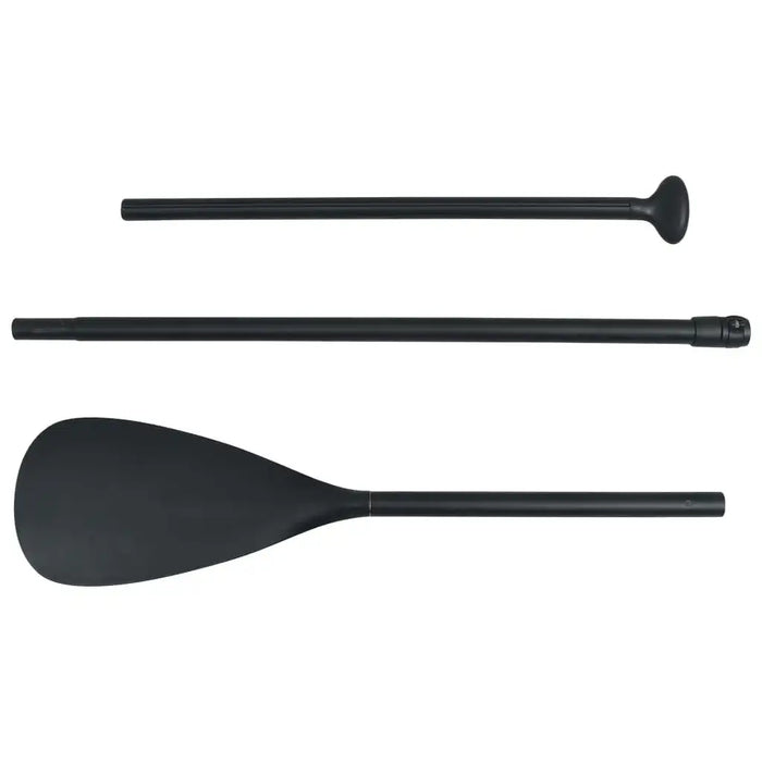Black three-piece detachable SUP paddle, lightweight design, laid out on white background
