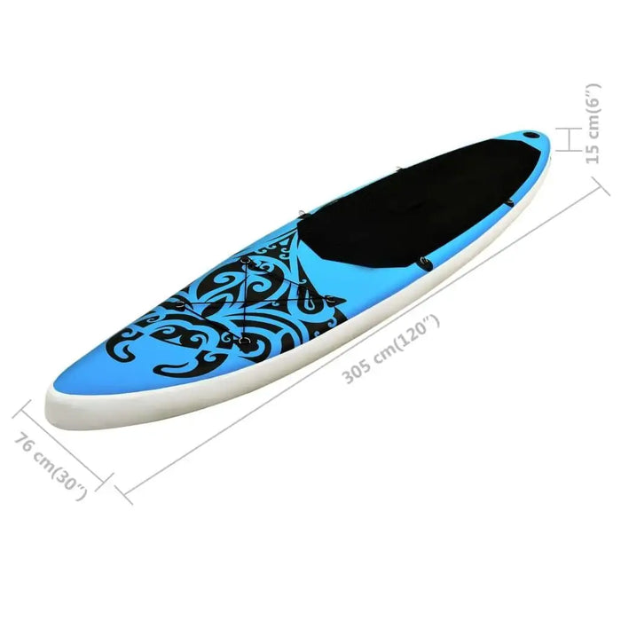 Inflatable blue SUP board with black tribal design, EVA deck, 305cm long, isolated view