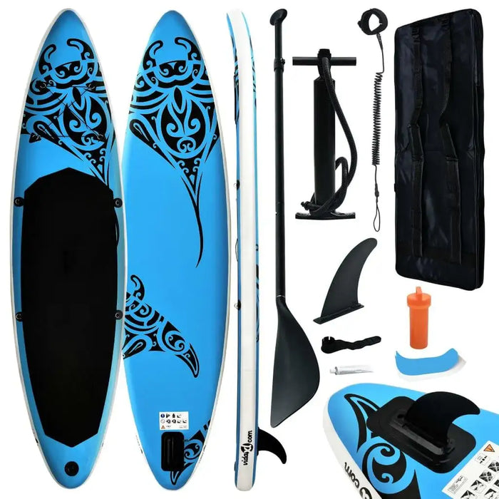 Blue inflatable SUP board and kayak set with paddle, pump, fins, and accessories