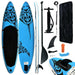 Blue inflatable SUP board and kayak set with paddle, pump, fins, and accessories
