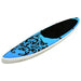 Blue inflatable SUP board with black EVA deck, tribal pattern, and bungee cord on top.