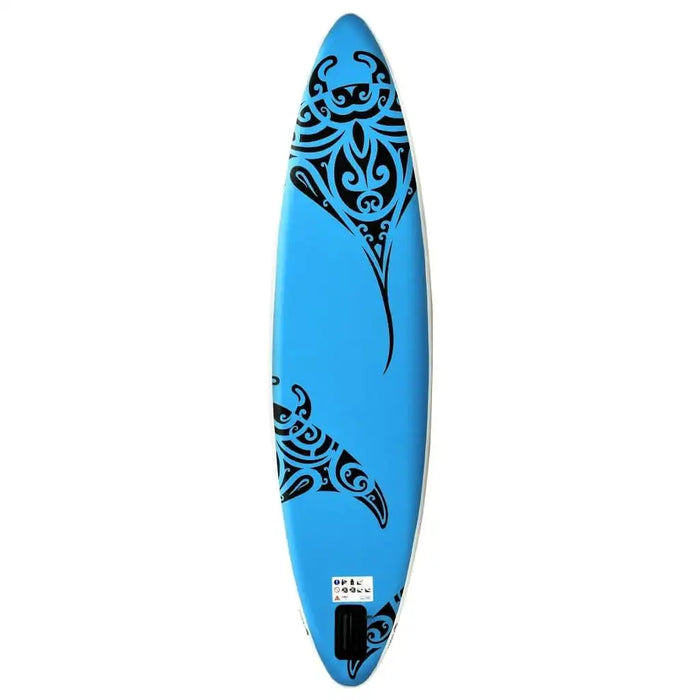 Blue inflatable SUP board with black tribal dolphin design on white background