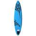 Blue inflatable SUP board with black tribal dolphin design on white background