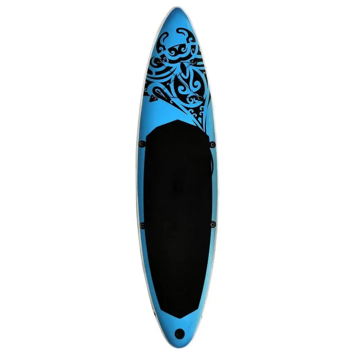 Blue inflatable SUP board with black tribal design, PVC EVA construction, top view