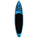 Blue inflatable SUP board with black tribal design, PVC EVA construction, top view