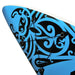 Blue inflatable SUP board with black swirl design and bungee cord on deck