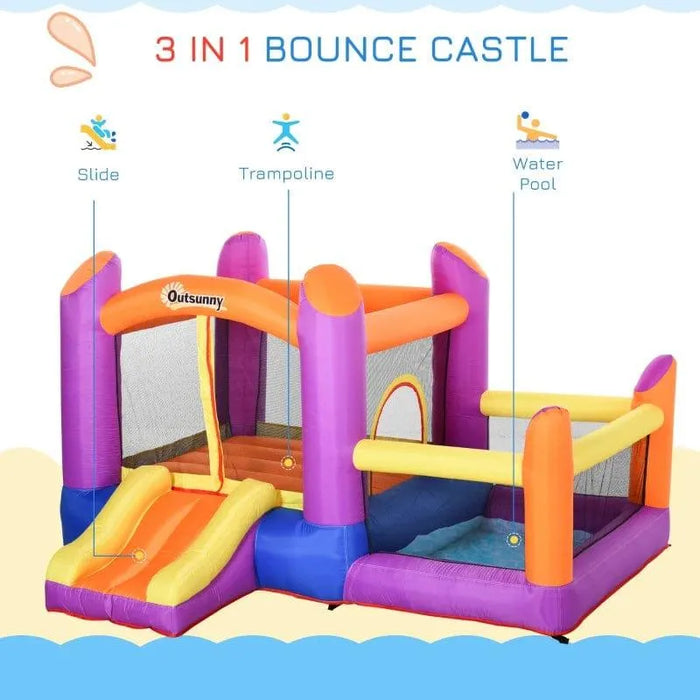 Inflatable 3-in-1 water park castle with slide, trampoline, and pool in vibrant colors