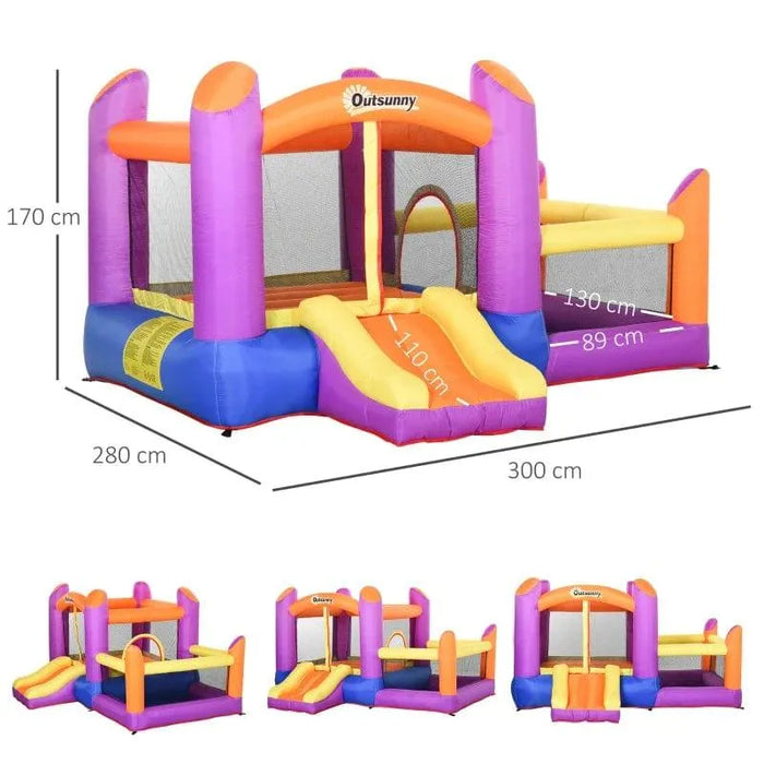 Inflatable water park castle with trampoline, slide, pool, and Outsunny branding, shown with dimensions.