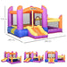Inflatable water park castle with trampoline, slide, pool, and Outsunny branding, shown with dimensions.