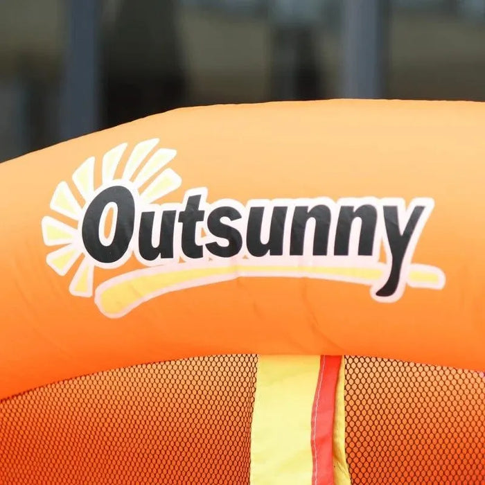 Close-up of orange Outsunny inflatable water park structure with mesh and yellow accent