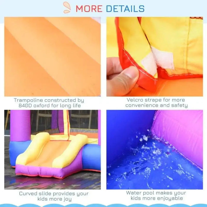 Inflatable water park castle details including trampoline, velcro strap, curved slide, and pool.
