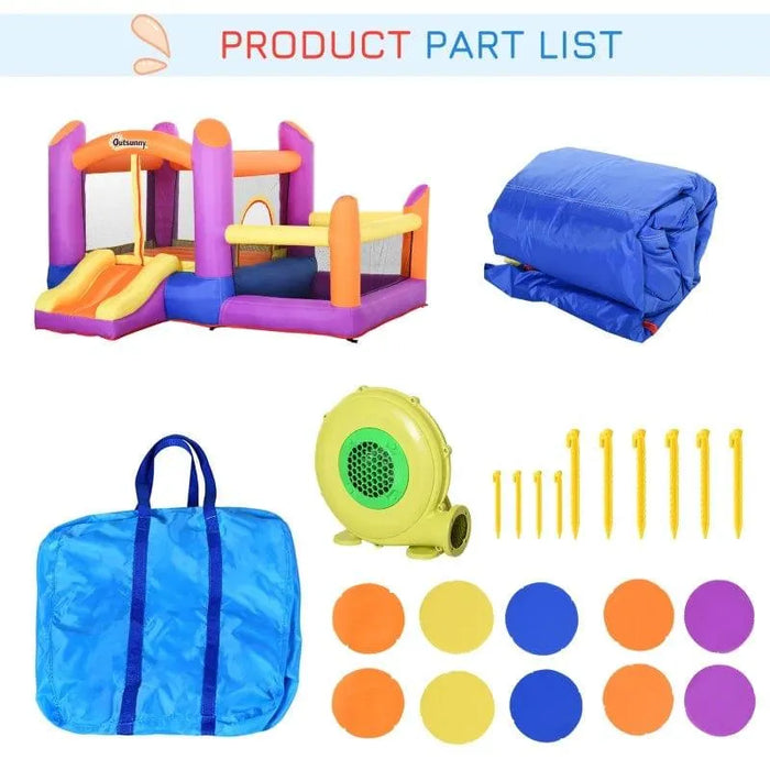 Inflatable water park castle set with trampoline, slide, pool, blower, stakes, balls, and carry bag.