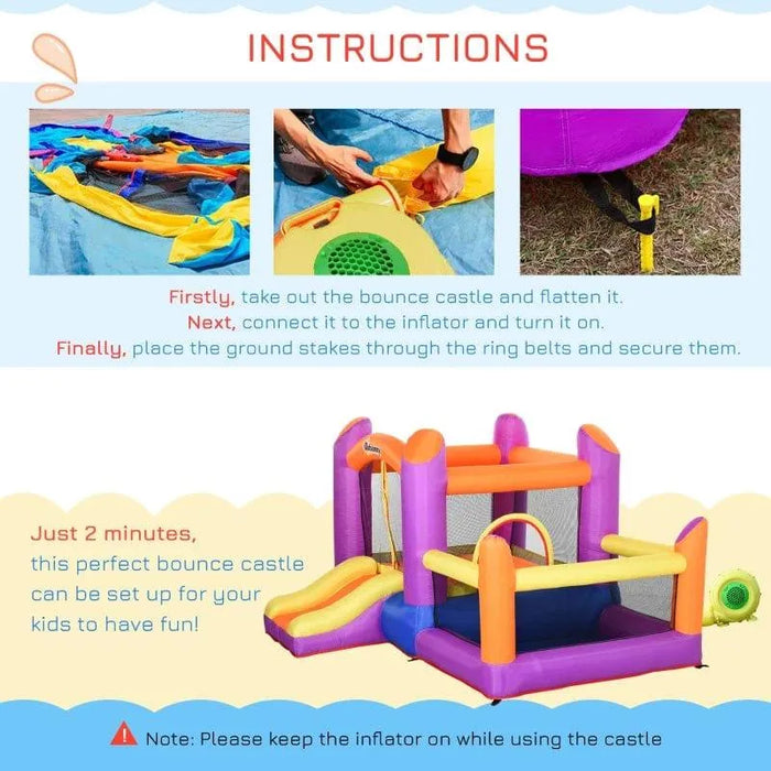 Inflatable water park castle with slide, trampoline, and pool plus setup instructions.