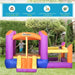 Inflatable water park castle with slide and pool, two children playing in colorful Outsunny bounce house outdoors.