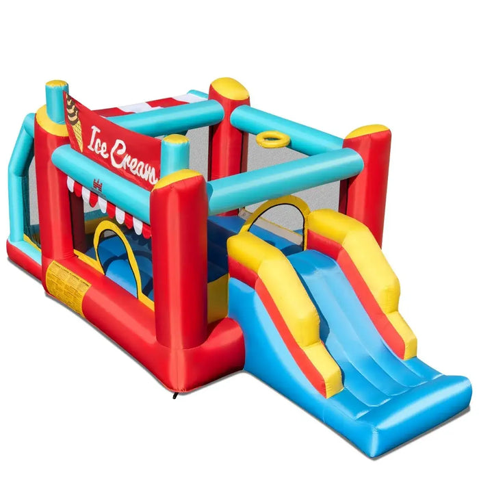Colorful inflatable bounce house with ice cream theme, slide, and play area
