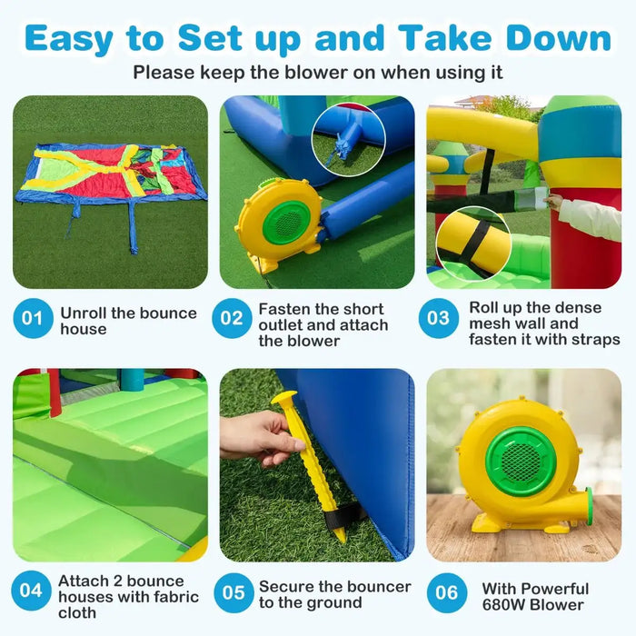 Step-by-step setup of colorful inflatable bounce house with green grass background and yellow blower