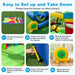 Step-by-step setup of colorful inflatable bounce house with green grass background and yellow blower