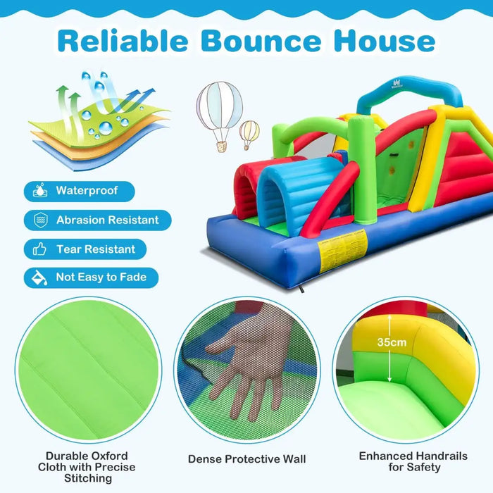 Colorful inflatable obstacle course bounce house with waterproof, abrasion resistant fabric and safety features