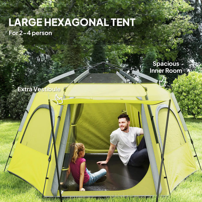 Instant Camping Tent with Vestibule in Yellow (2 - 4 persons) - Little and Giant Explorers Outsunny