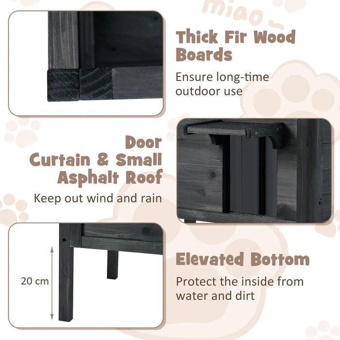 Grey outdoor insulated feral cat house with thick fir wood, asphalt roof, and elevated bottom
